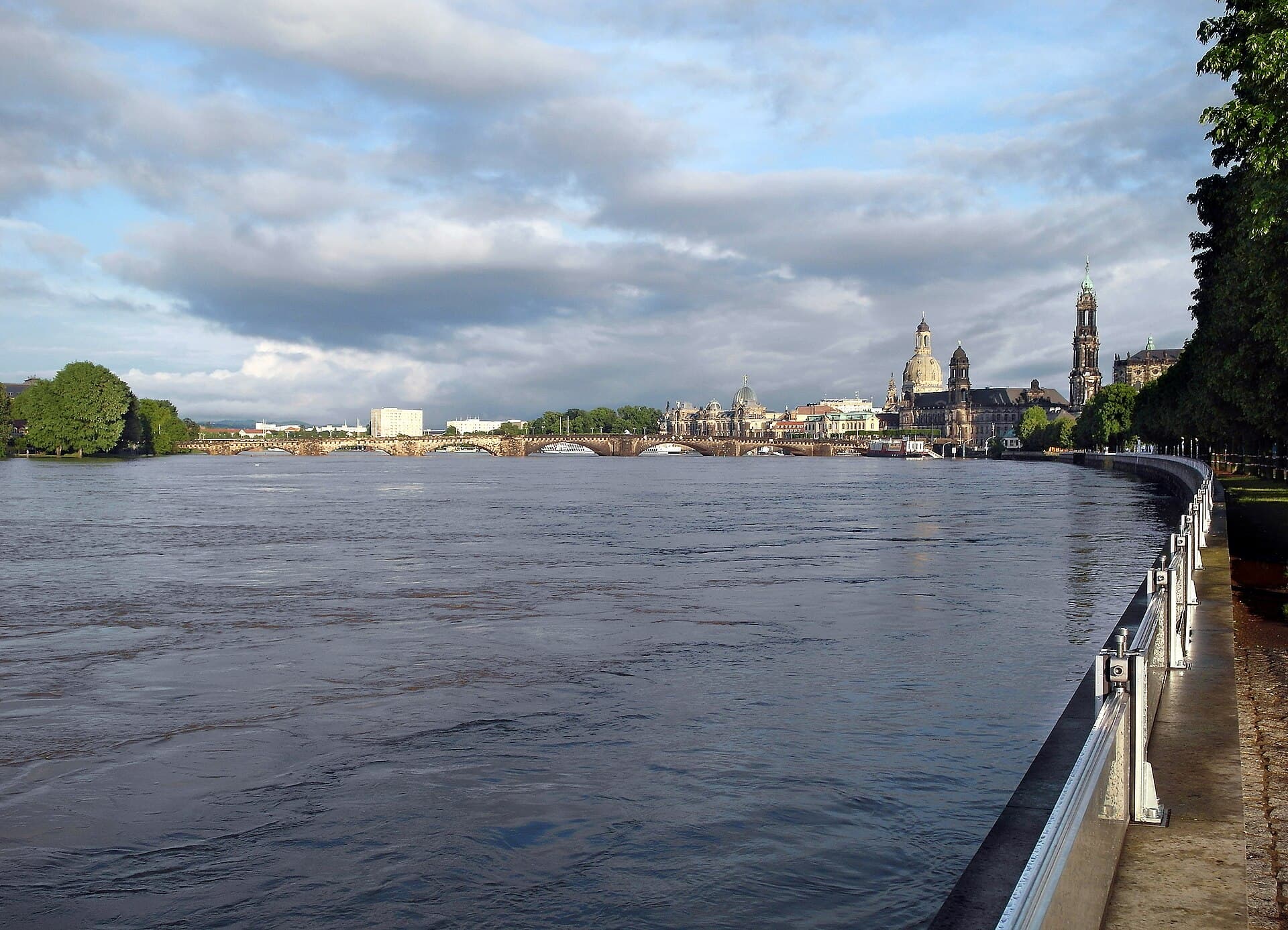 The Dresden Altstadt skyline on the Elbe with the Frauenkirche dome at dusk