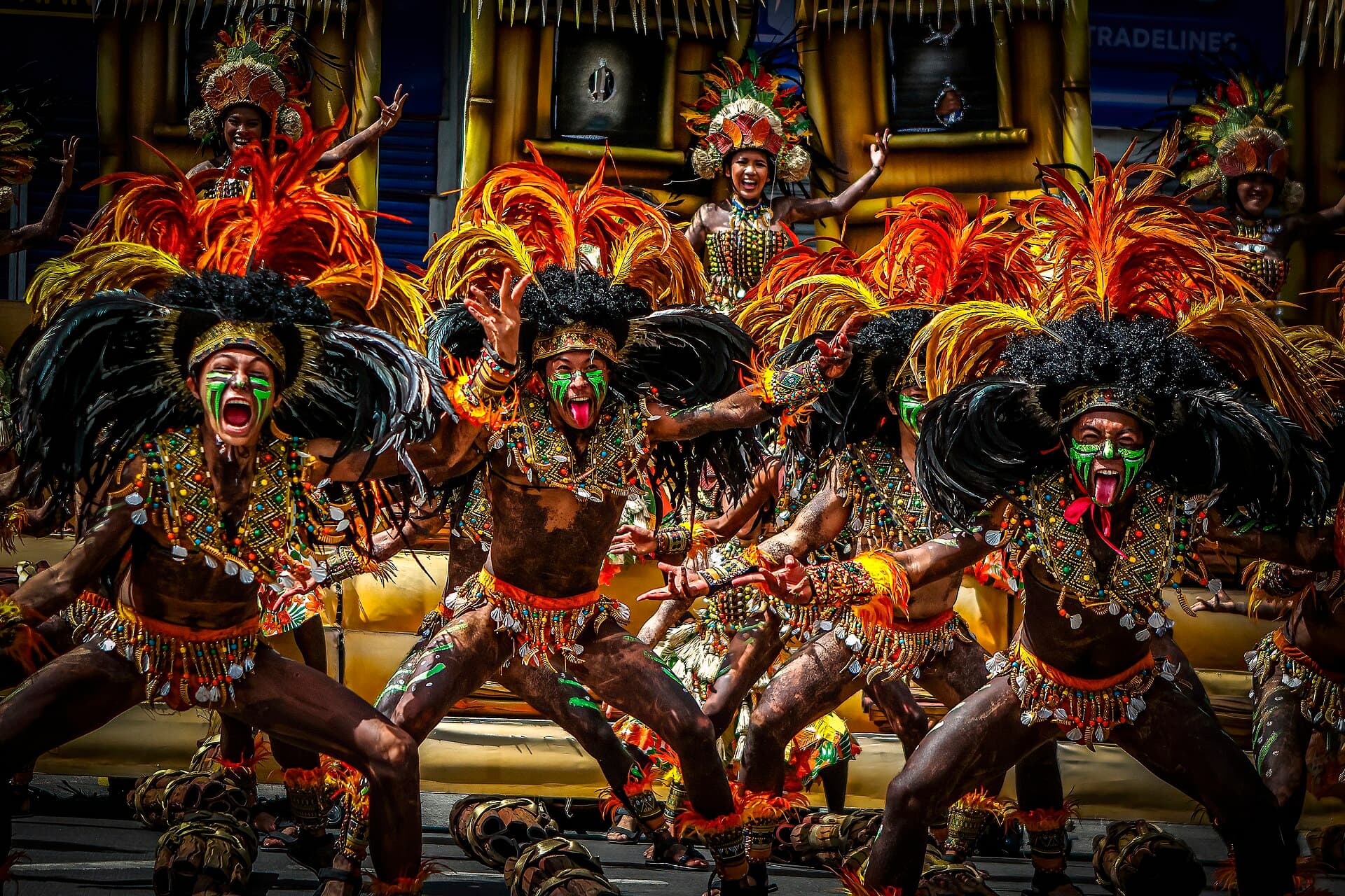 Dinagyang tribe drummers beating PVC Dinagyang pipes and drums during the tribes competition in Iloilo City