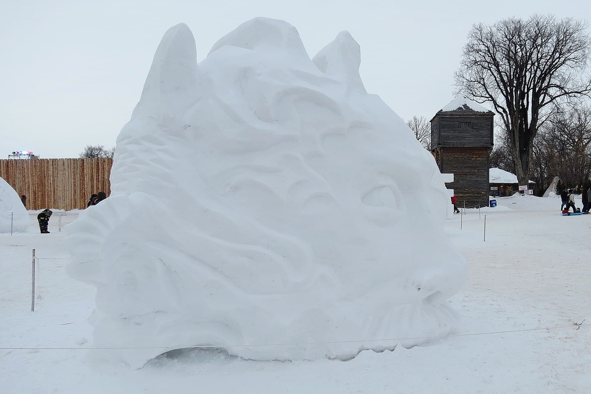 Fort Gibraltar in Whittier Park, Saint Boniface, Winnipeg, with its log palisade and towers in winter
