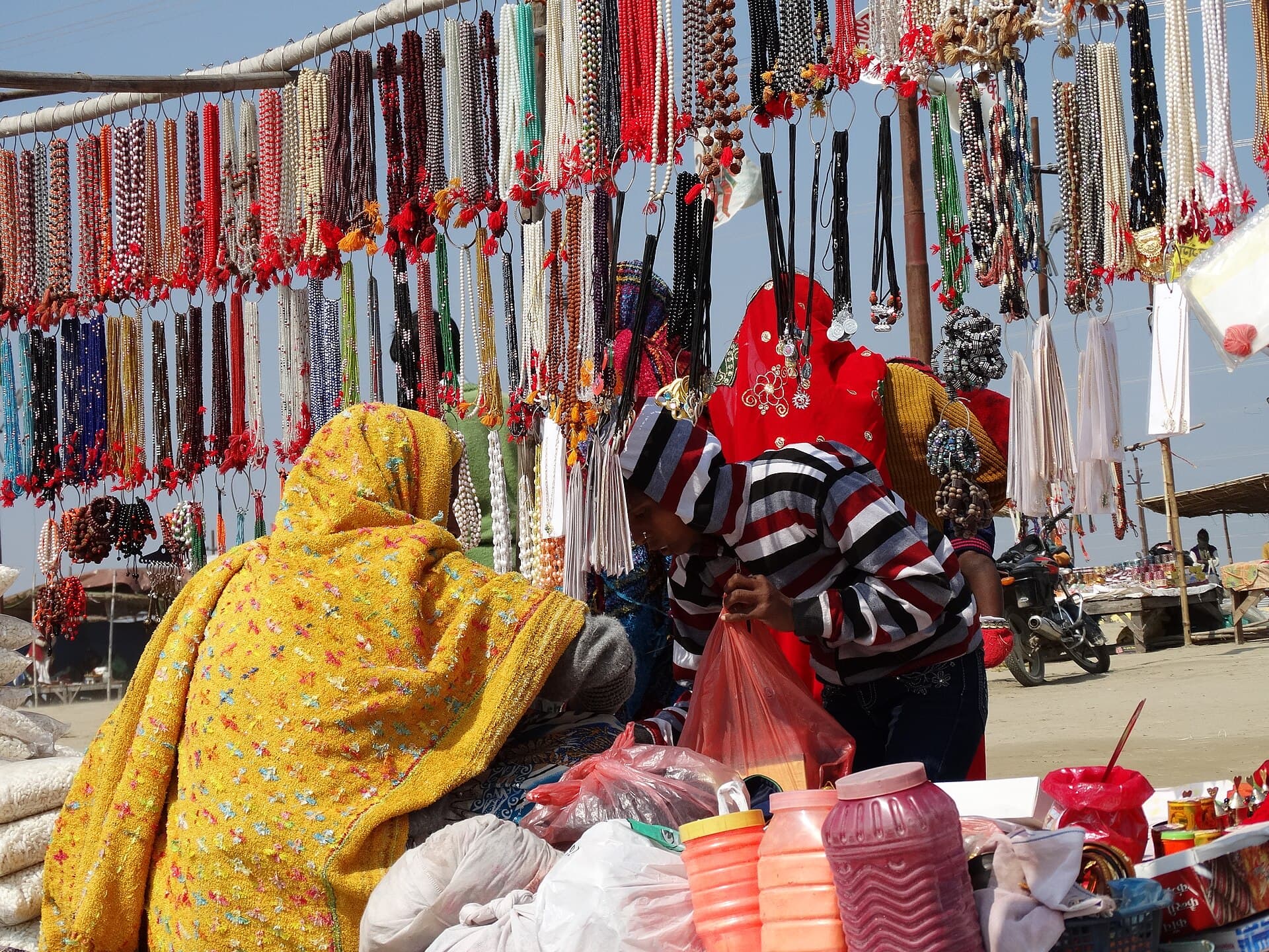 The kalpvasi camps on the sand of the Sangam with thatched huts and flags at Magh Mela