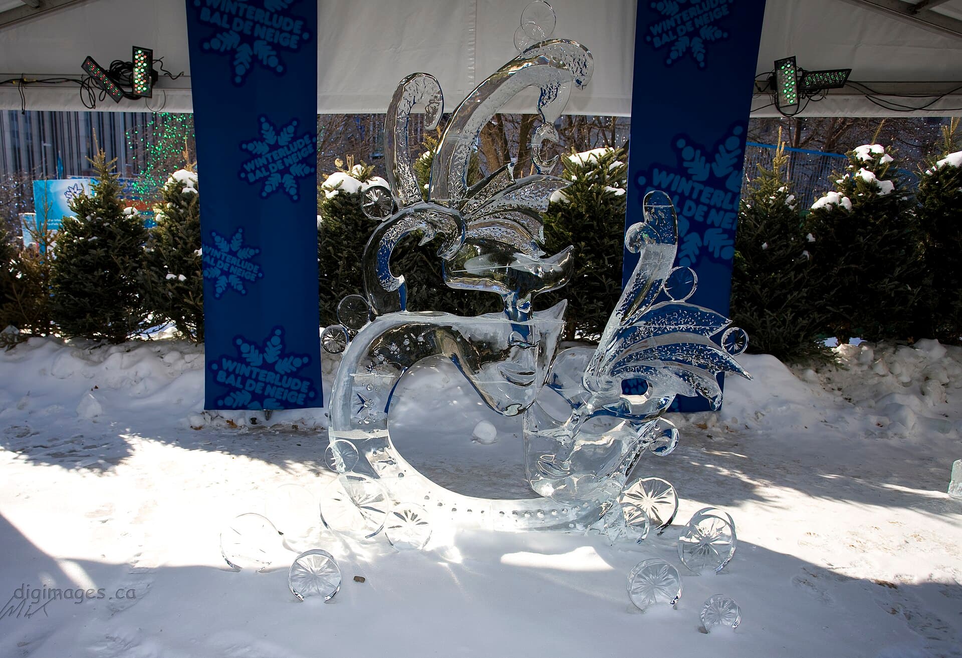The Ottawa Winterlude ice sculptures in Confederation Park with the Parliament Buildings behind