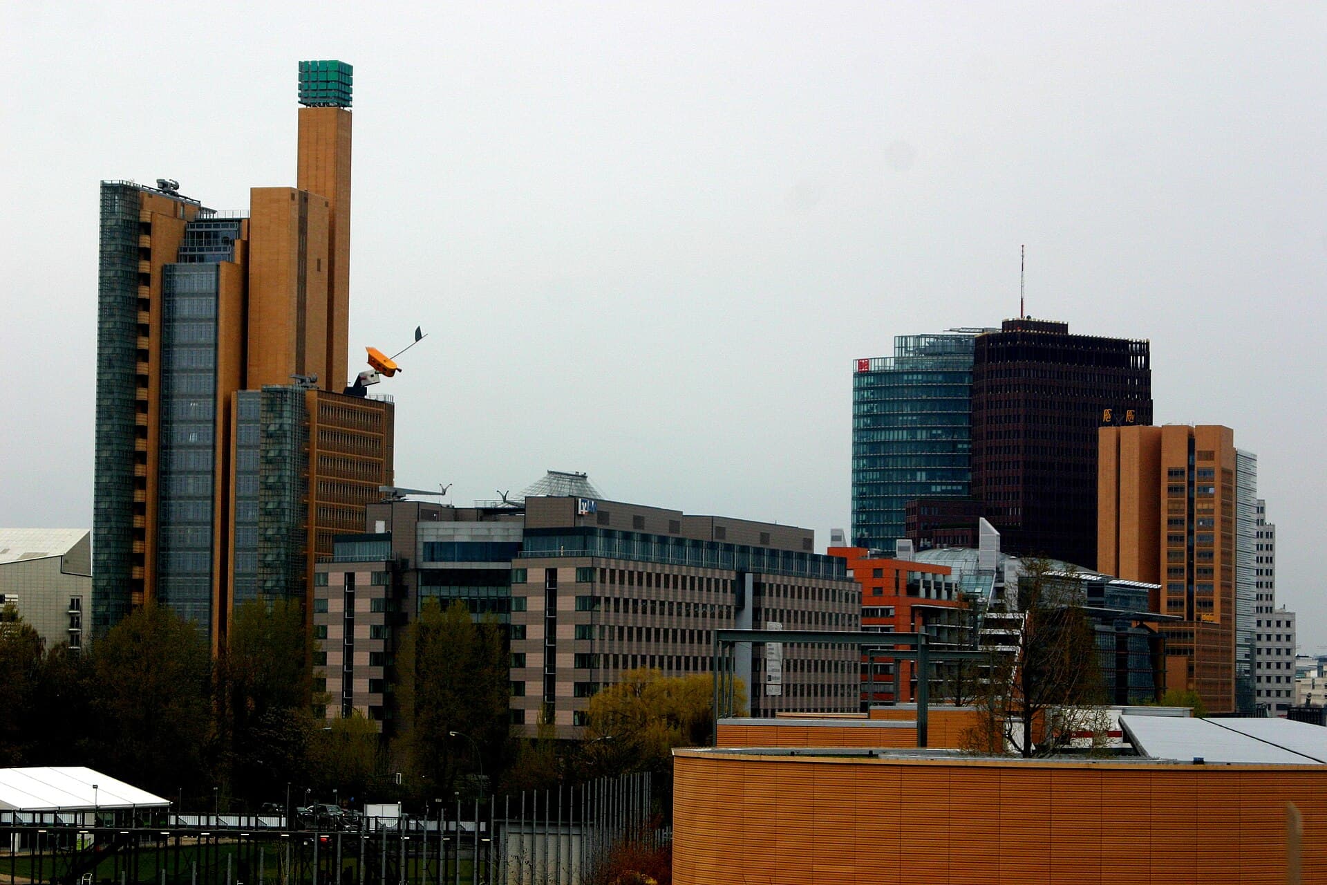 The Potsdamer Platz skyline with the Sony Center roof lit at dusk in winter