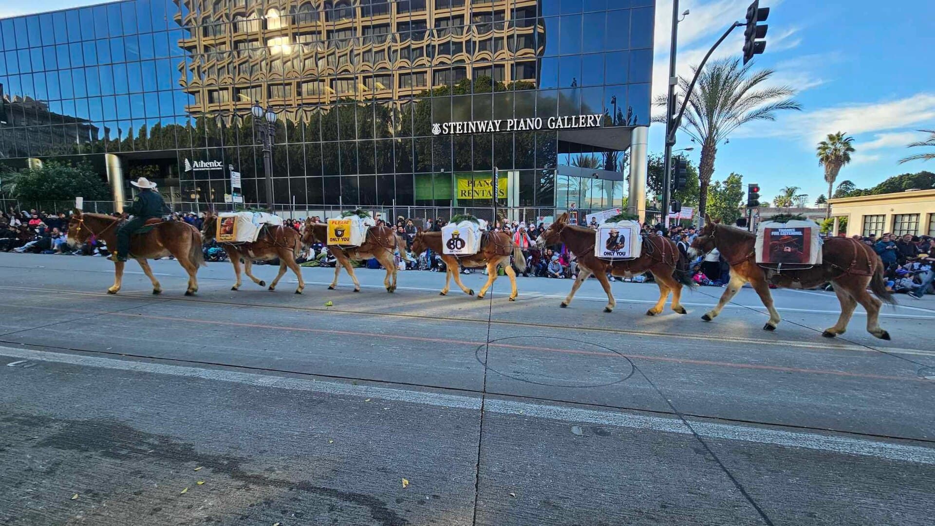 Crowds packed along both sides of Colorado Boulevard in Pasadena as a Rose Parade float passes