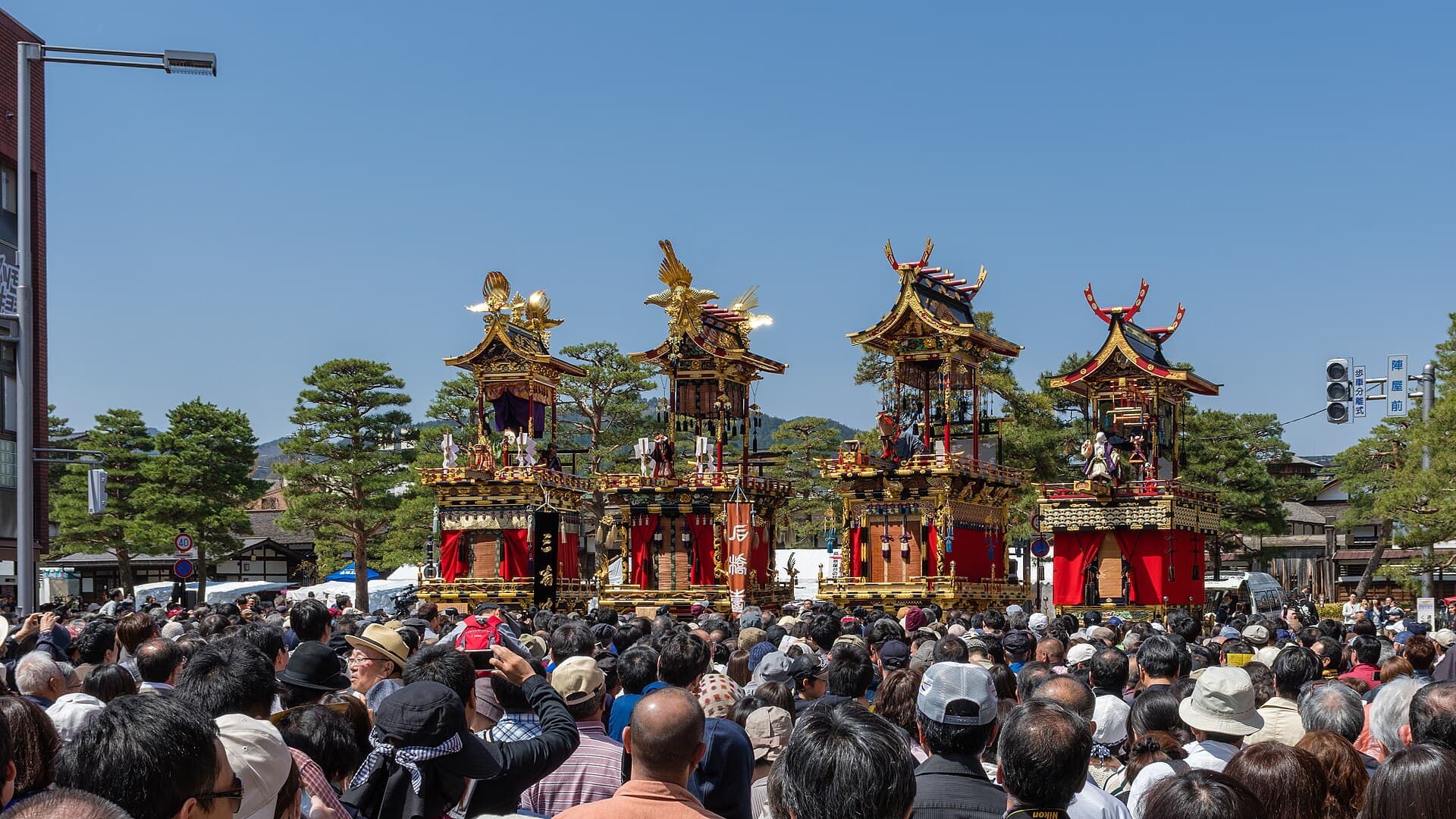 Festival floats lined up on Omotesando in front of Sakurayama Hachimangu Shrine
