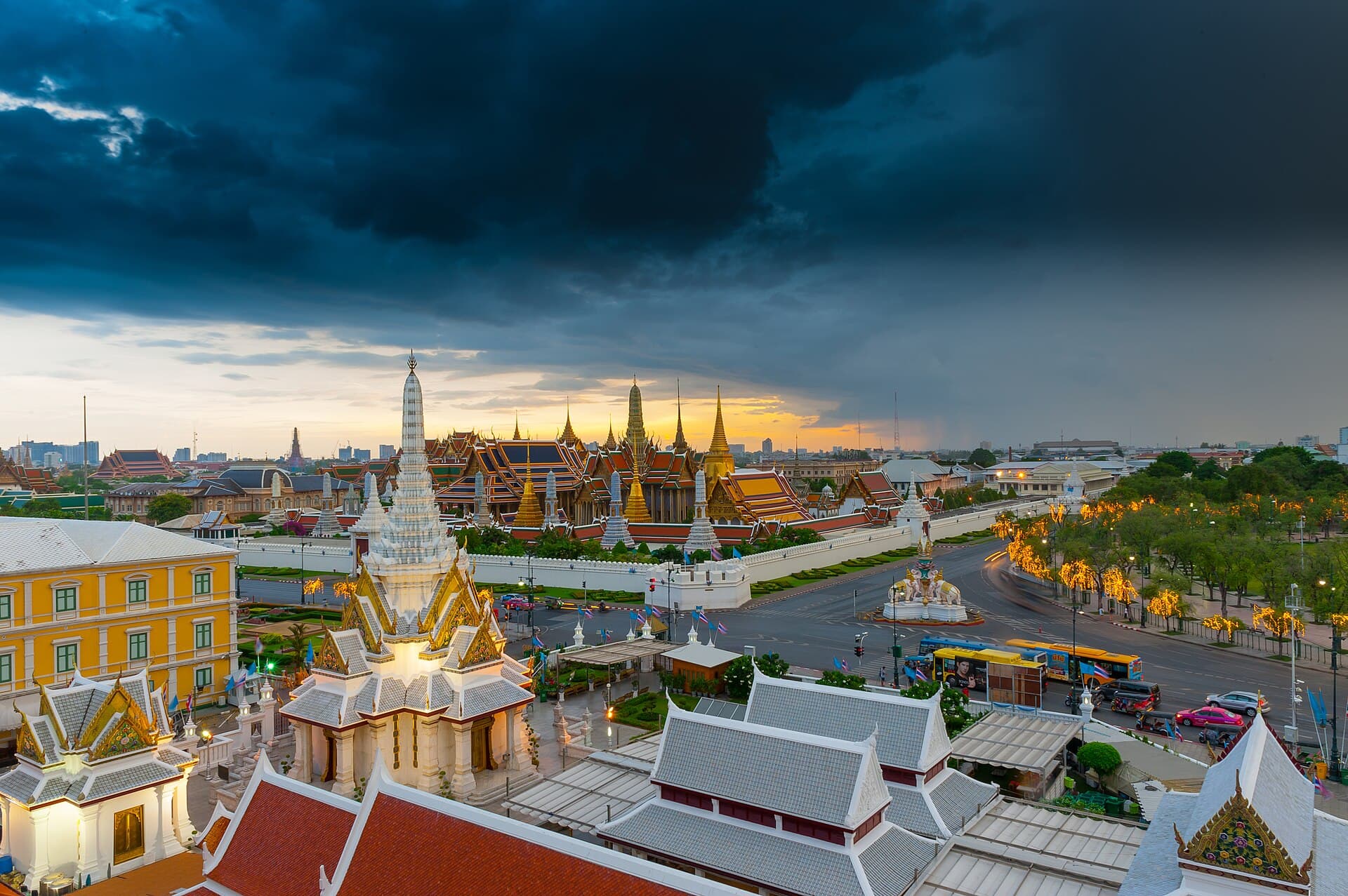 Sanam Luang with the spires of Wat Phra Kaew and the Grand Palace behind it