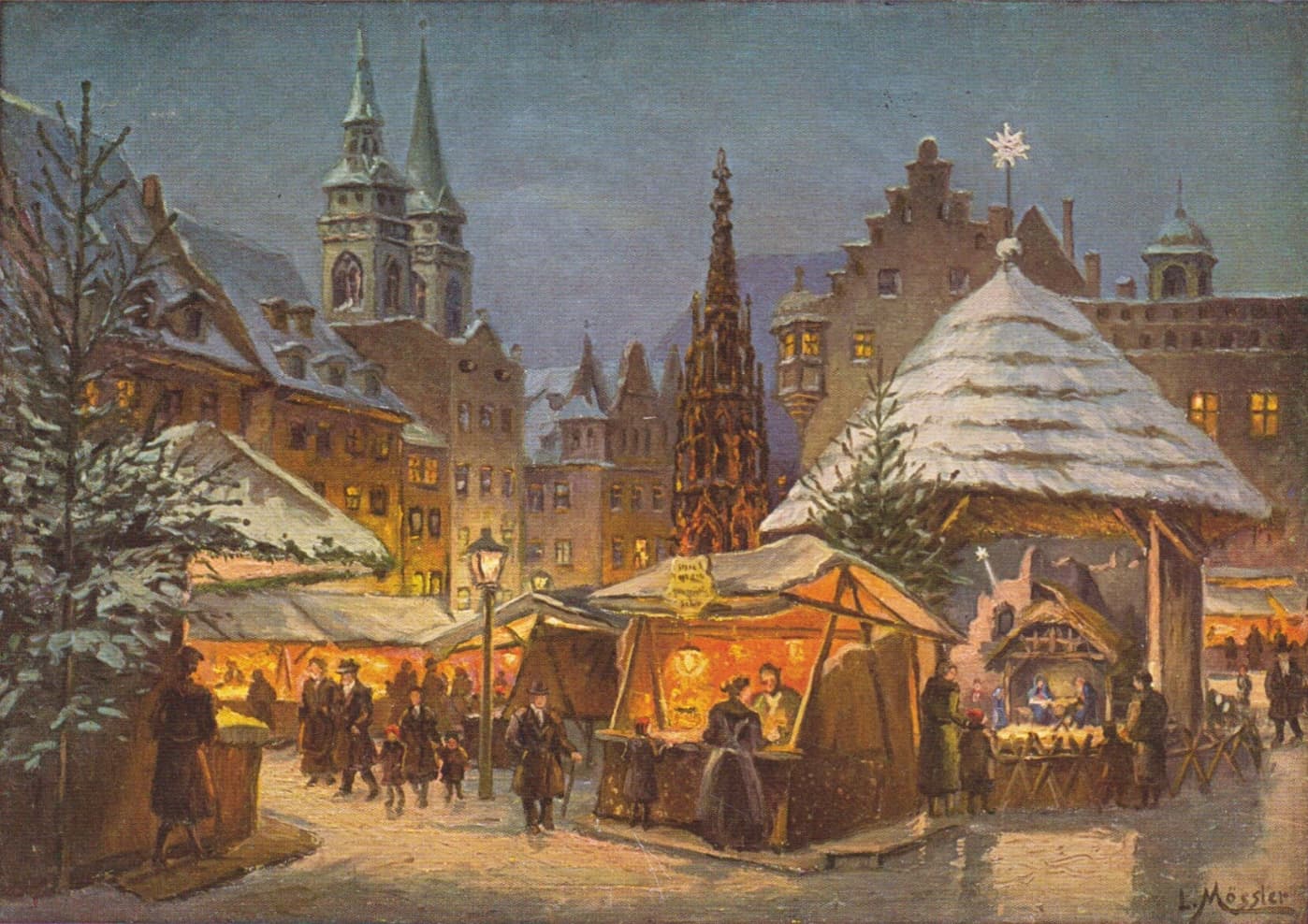 Nuremberg Rostbratwürste grilling over an open fire at a stall, with three in a Weggla bread roll on a paper plate
