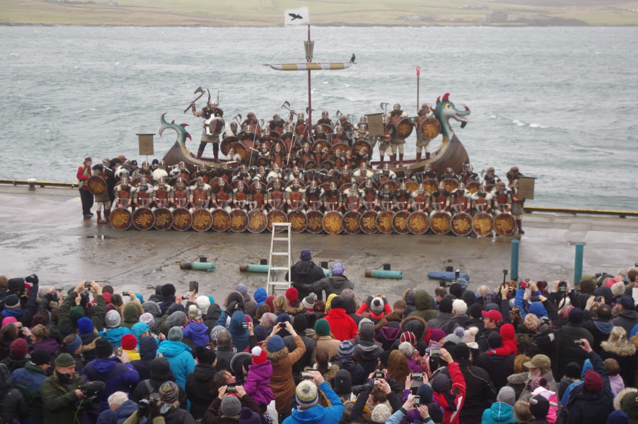 The Up Helly Aa galley and Jarl Squad at the Bressay Ferry Terminal, Lerwick