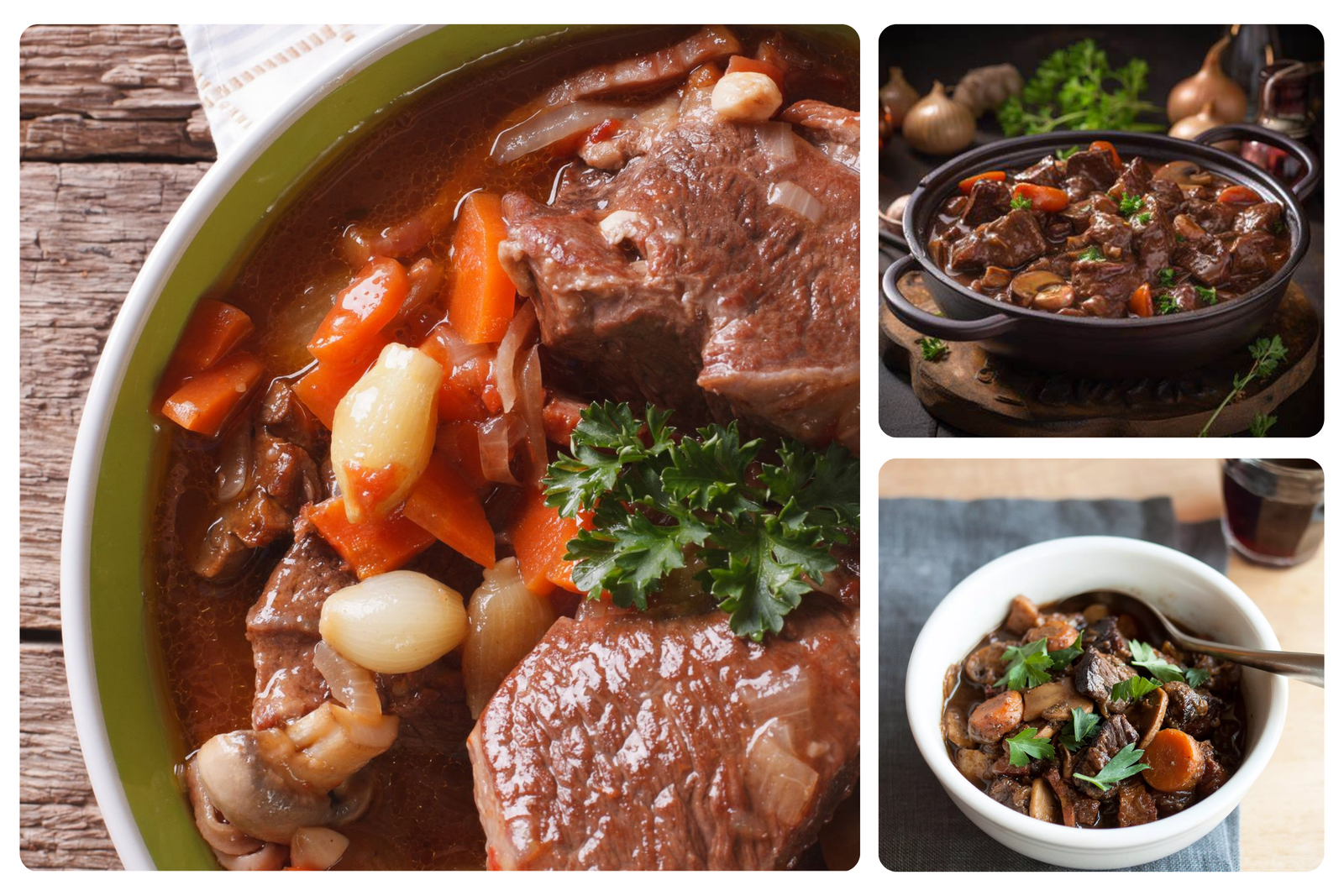 Rich Boeuf Bourguignon stew with tender beef, carrots, onions, and a thick red wine gravy. Best local food in France
