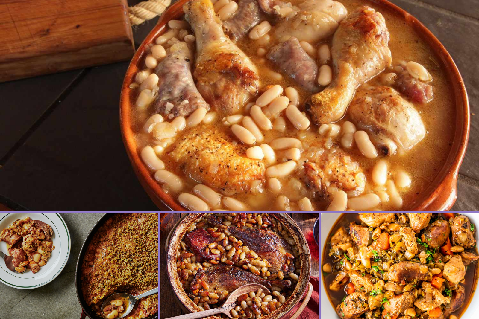 Traditional French Cassoulet with white beans, sausage, duck confit, and a golden-brown crust. Best local food to try in France