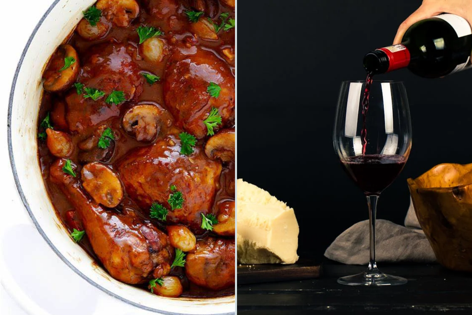 Hearty Coq au Vin dish with chicken, mushrooms, bacon, and red wine sauce served in a rustic pot. Best local food to try in France