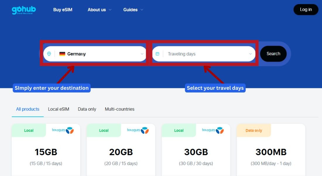 GoHub webpage showing the destination search bar with "Germany" selected to find eSIM plans.