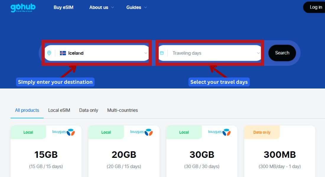 GoHub webpage showing the destination search bar with "Iceland" selected to find eSIM plans.