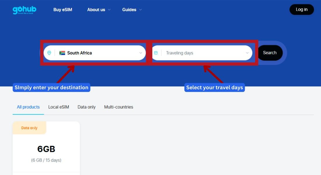GoHub webpage showing the destination search bar with "South Africa" selected to find eSIM plans.