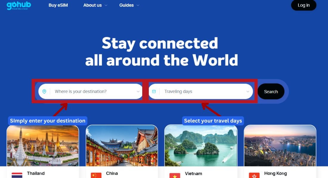 GoHub webpage showing the destination search bar with "Southeast Asia" selected to find eSIM plans.