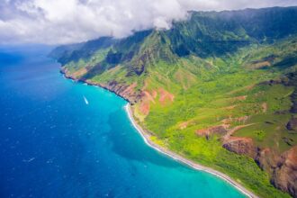 Scenic aerial view of Kauai, Hawaii with lush green mountains surrounded by the Pacific Ocean, 4-5 day itinerary for a perfect trip to Hawaii