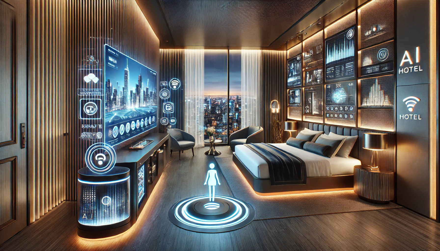 High-tech luxury hotel room with AI-powered amenities and smart controls