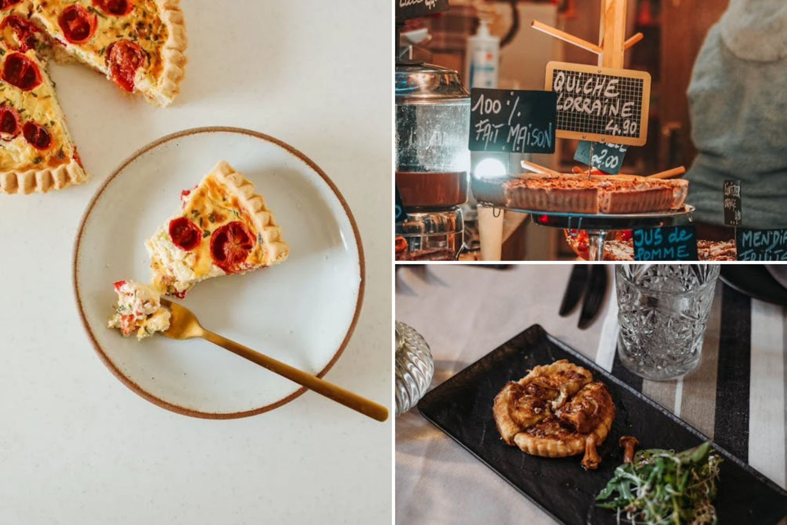 Slice of Quiche Lorraine with creamy custard, bacon, and cheese in a flaky pastry crust. Best local food to try in France