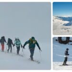 Group of skiers trekking uphill in snowy conditions, with scenic ski slopes, ski lifts, and beginners learning to ski in a winter mountain