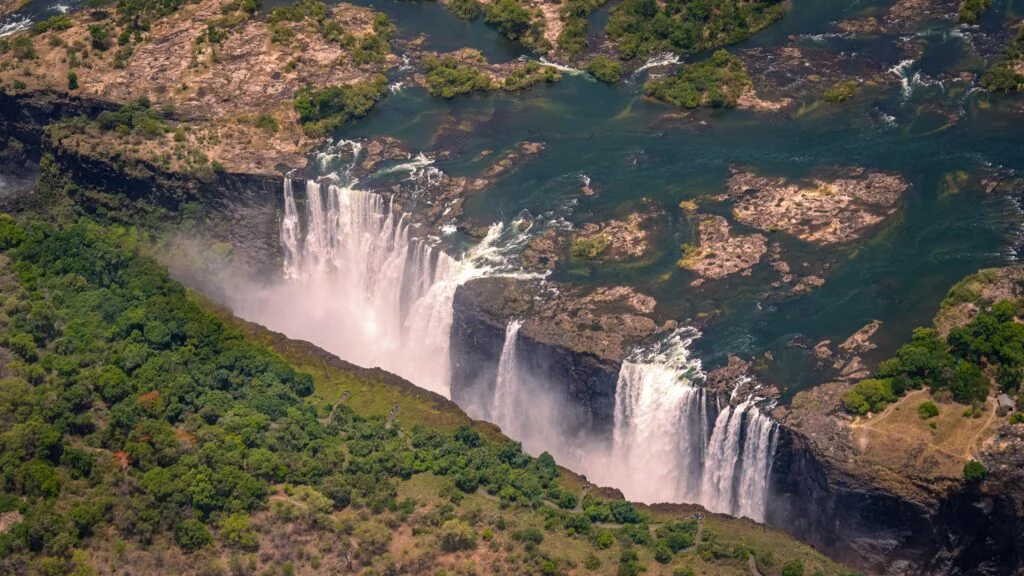 Majestic Victoria Falls in Zambia during April, showcasing its impressive water flow