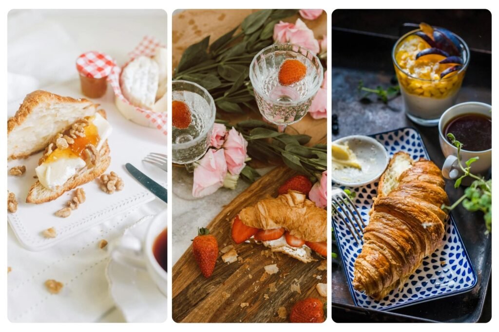 Golden and flaky French croissants on a bakery display.