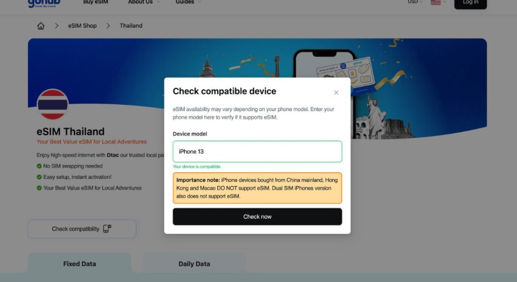 Check if your iPhone 13 supports eSIM in Thailand with Gohub’s device compatibility tool – instant verification and important regional notes.