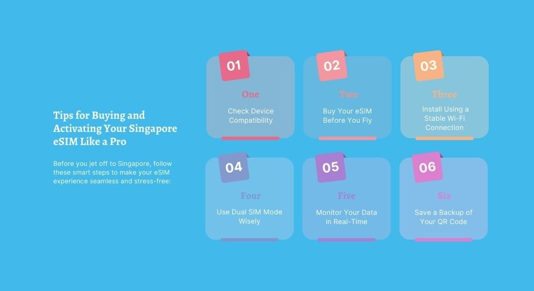 Tips for activating your Singapore eSIM like a pro: check compatibility, buy early, use Wi-Fi, enable dual SIM, track data, save your QR code