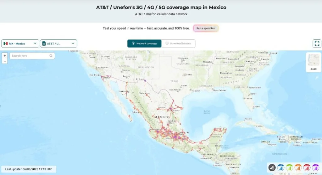 AT&T and Unefon 3G, 4G, and 5G coverage map in Mexico.