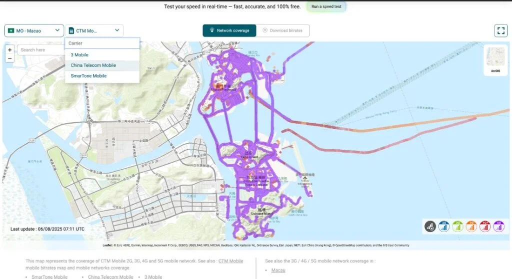 CTM Mobile 4G and 5G coverage map of Macau showing network strength across Macau Peninsula, Taipa, and Coloane as displayed on nPerf platform