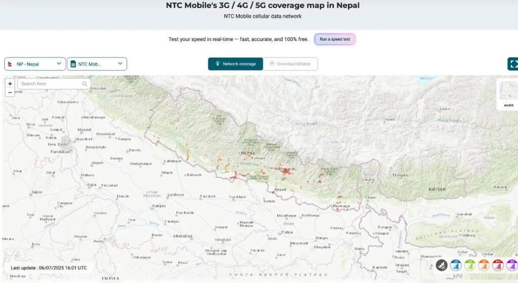 NTC Mobile network coverage map of Nepal showing 2G, 3G, 4G, and 5G signal availability across Kathmandu, Pokhara, Biratnagar, and key trekking regions – updated June 2025