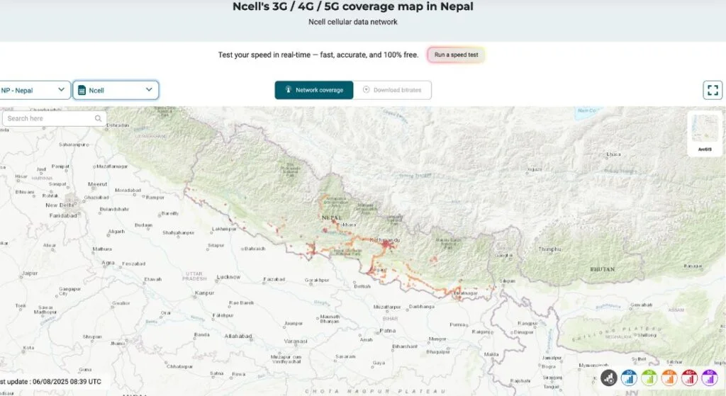 Ncell Mobile 3G, 4G, and 5G coverage map of Nepal highlighting network availability in Kathmandu, Pokhara, Biratnagar, and along major travel routes — updated June 2025