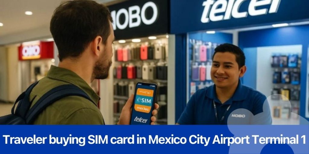 Traveler buying SIM card in Mexico City Airport Terminal 1