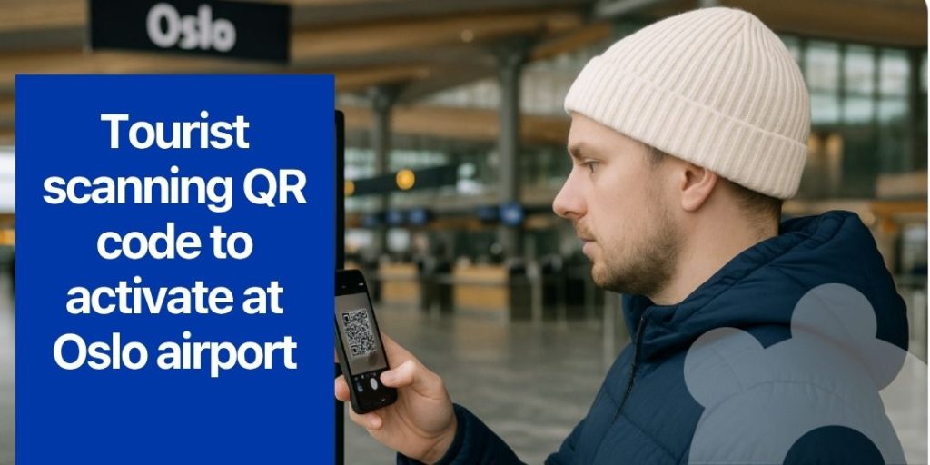 Tourist scanning QR code to activate the best eSIM for Norway at Oslo airport