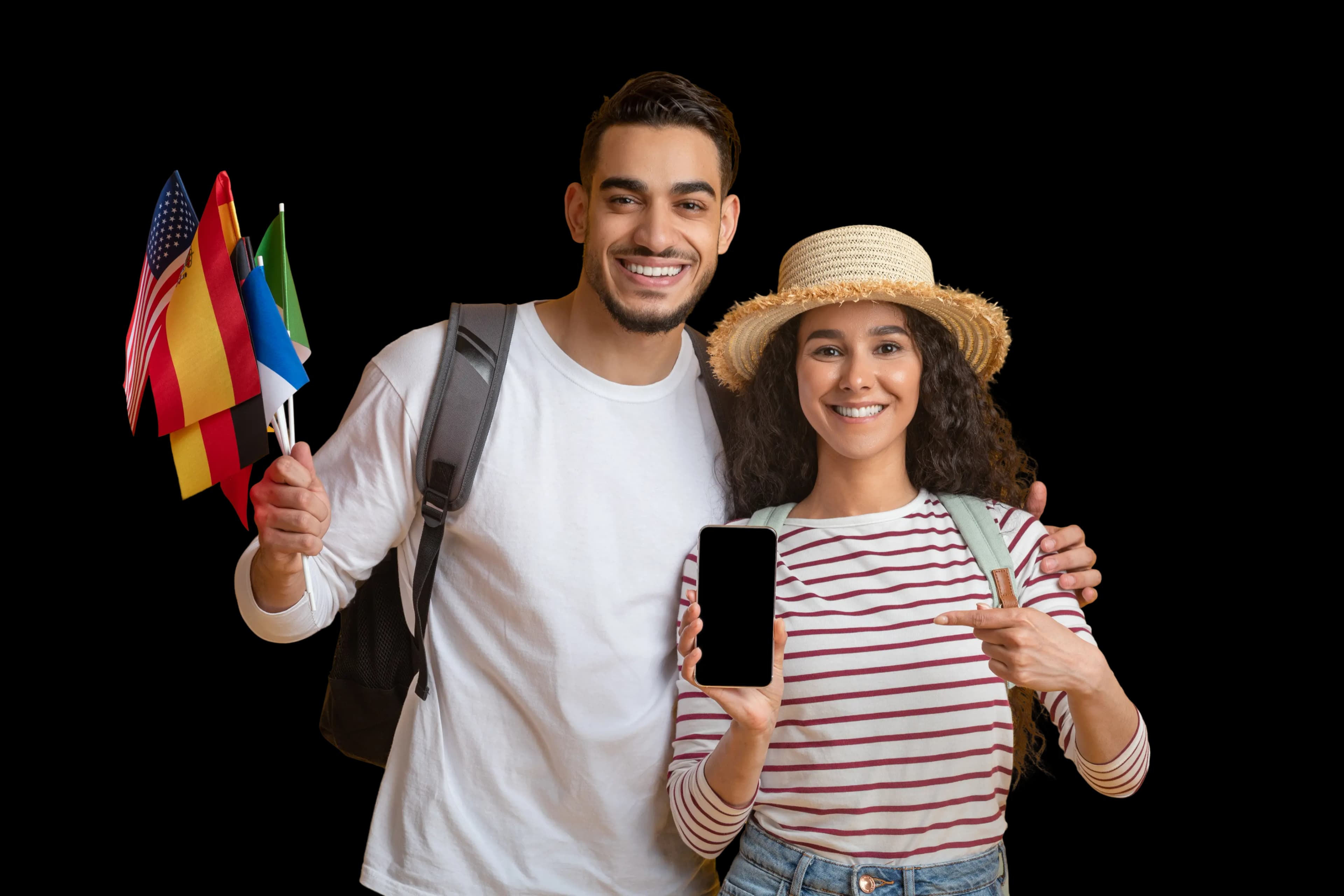 Travelers using smartphone with country flags
